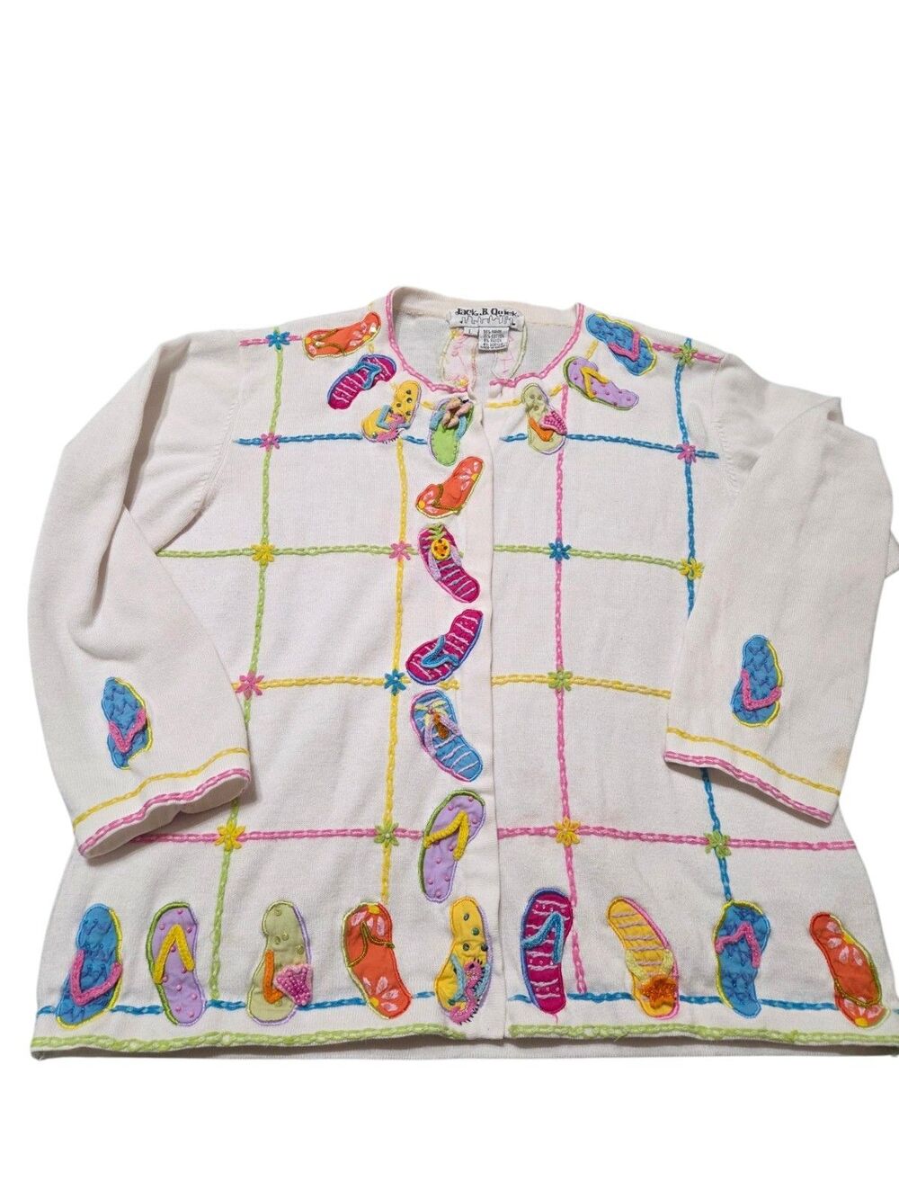 VTG Jack B. Quick Flip Flop Applique Beaded Cardigan Sweater White L Summer B12